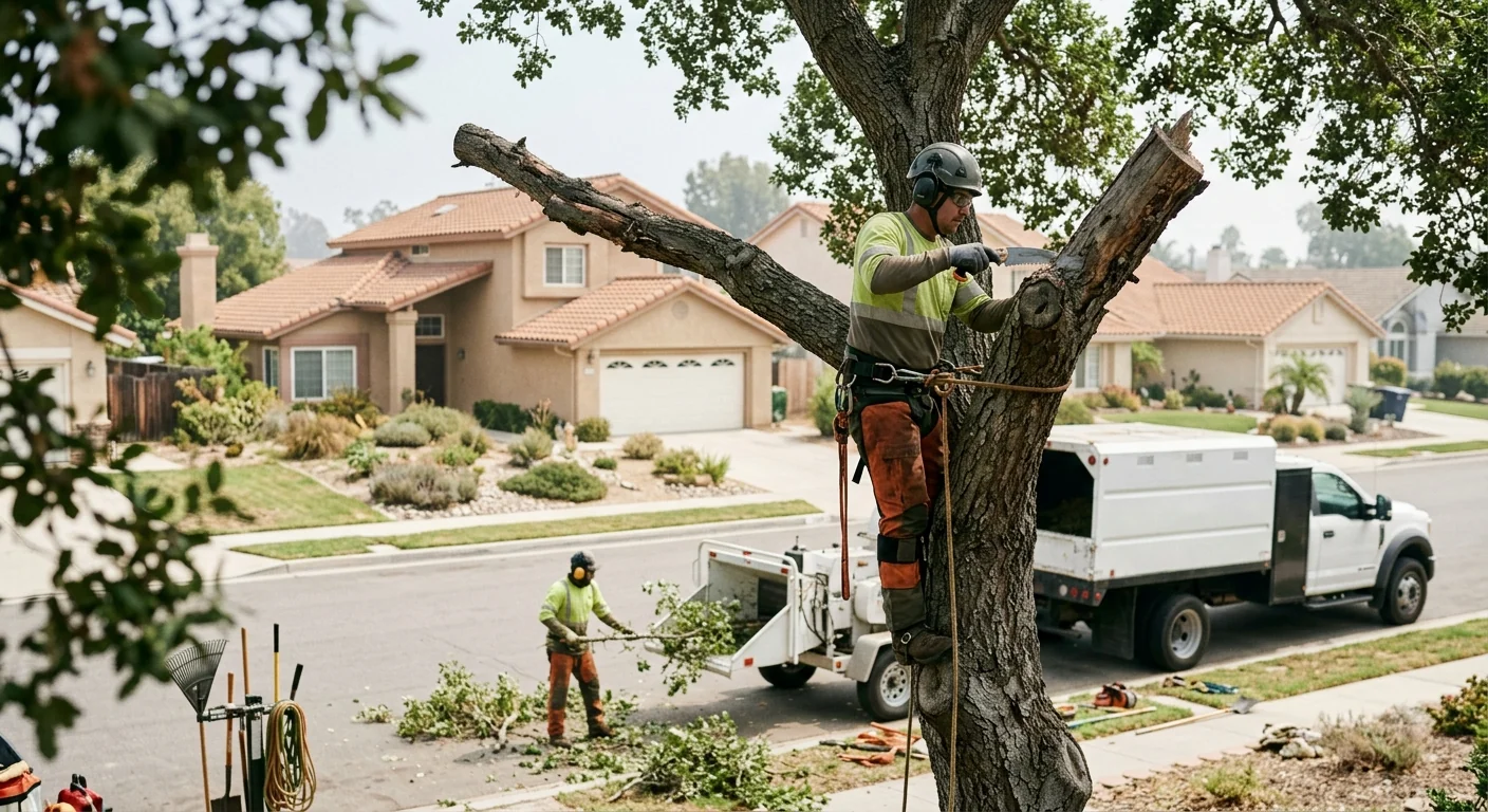 Crew clearing overgrown brush and dry vegetation from a residential Oxnard yard