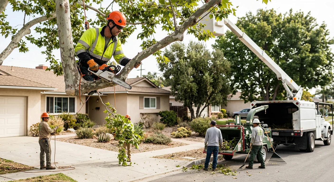 Crew clearing dense brush along a residential property edge in Oxnard