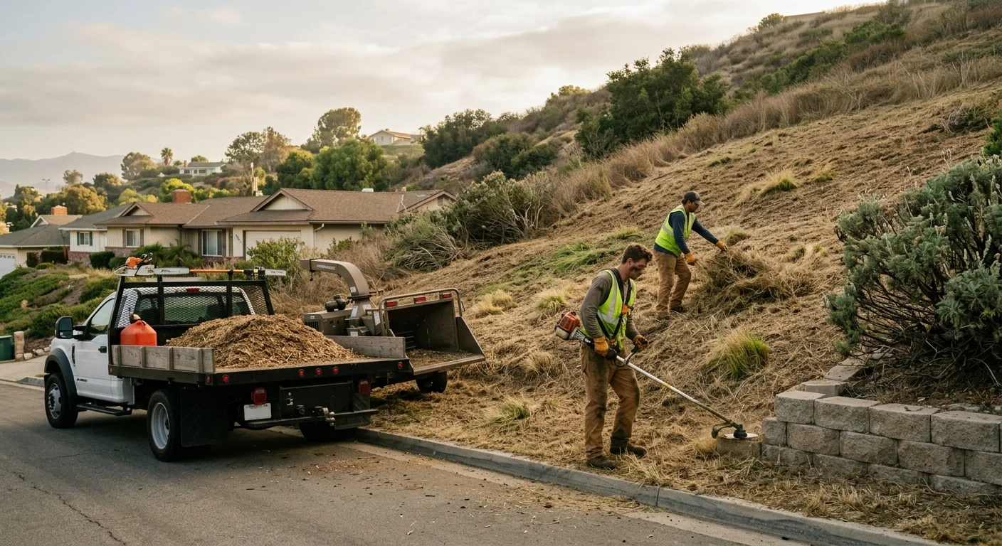 Wide view of a cleared hillside lot after brush removal in Oxnard