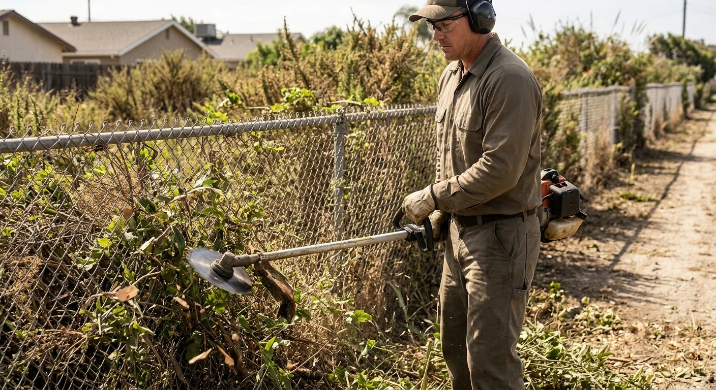 Close-up of a brush cutter trimming dense overgrown vegetation along a fence line