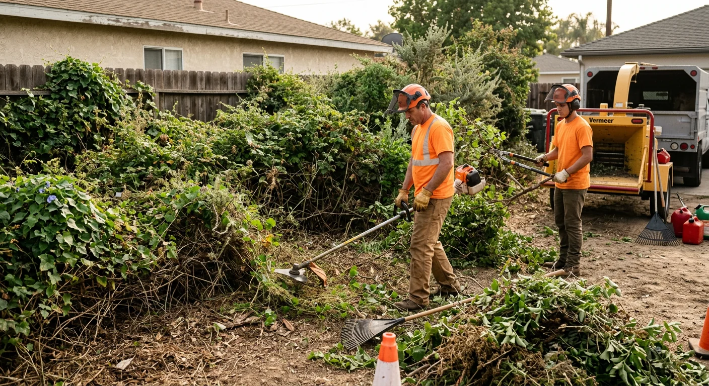 Overgrown backyard thicket before brush removal work begins on a residential property