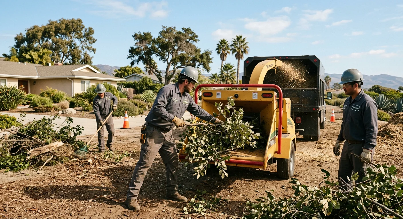 Crew feeding cut brush into a wood chipper on a cleared site