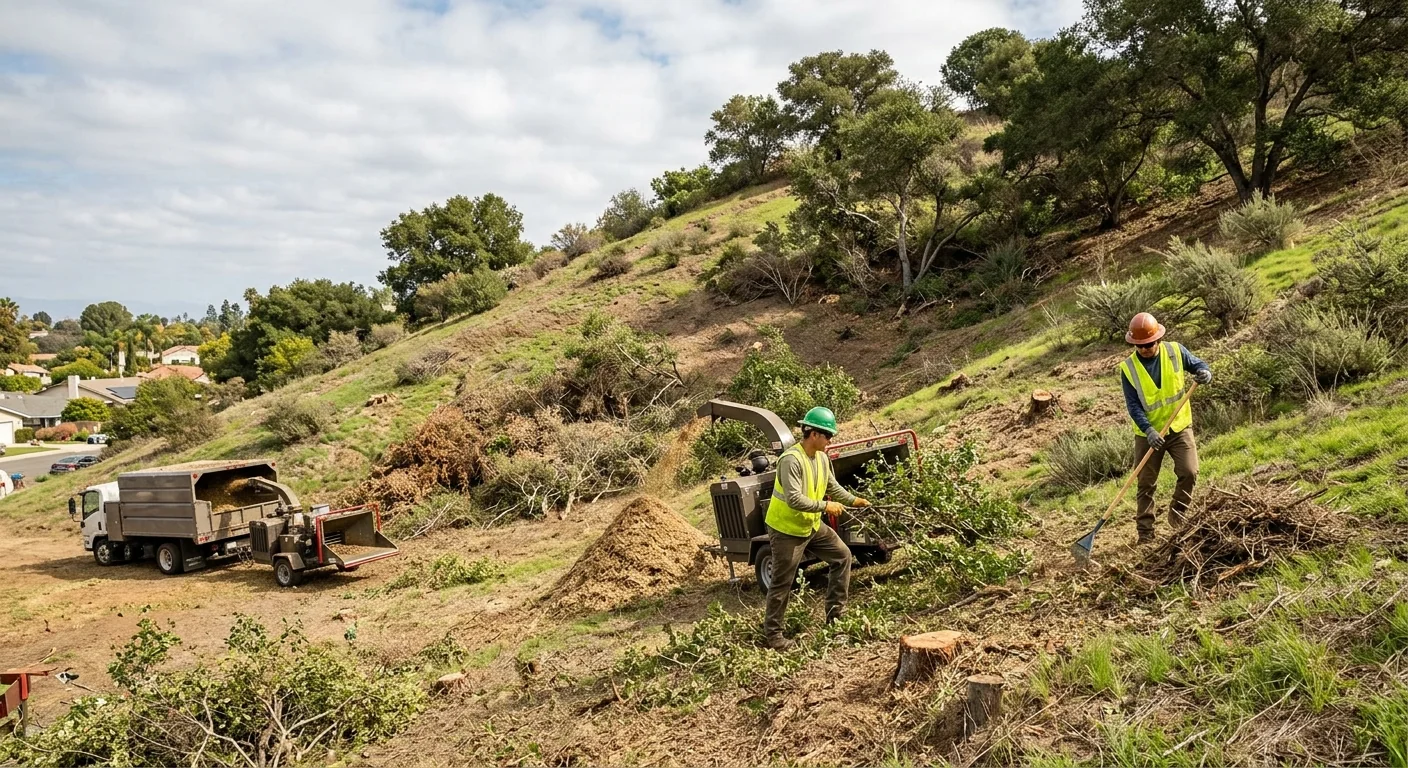 Sloped parcel showing reduced fire-fuel vegetation after seasonal clearing work