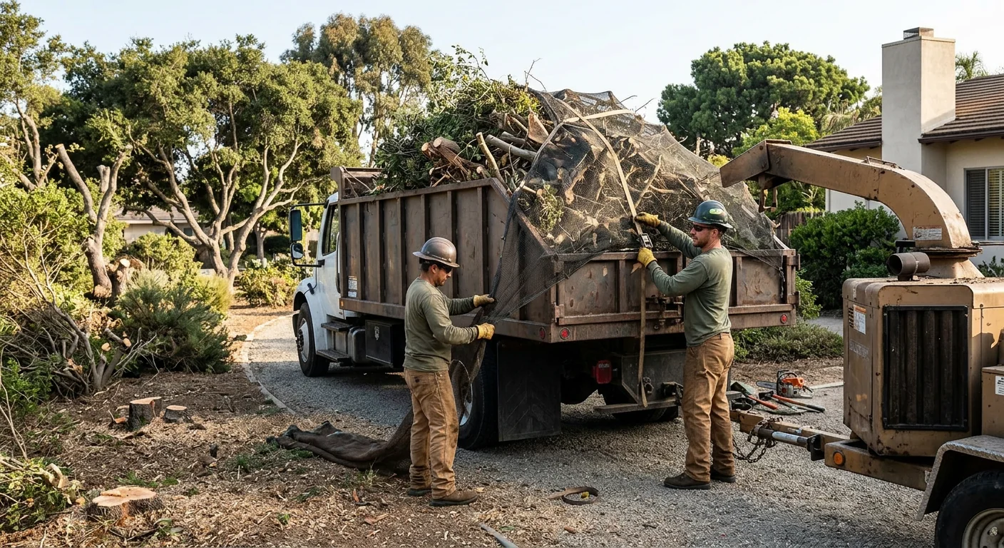 Stacked cut brush loaded for haul-away after a full property clearing