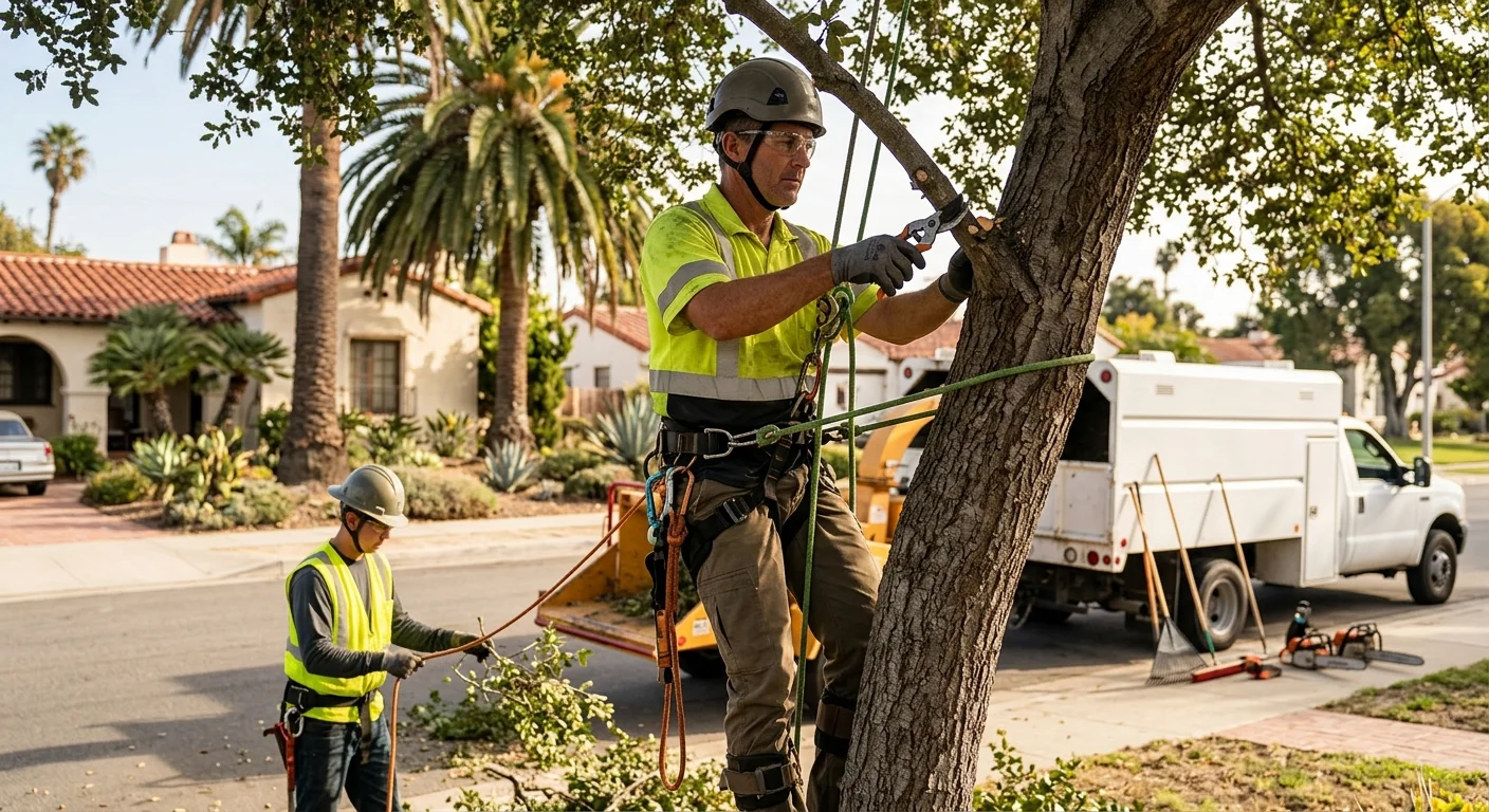 Family tree service team reviewing a cleared Oxnard lot after brush removal