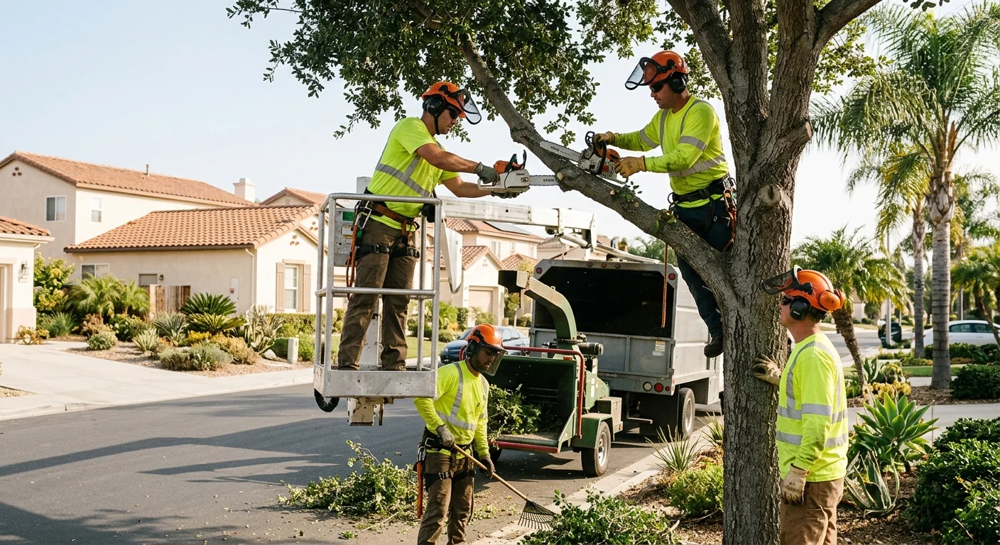 Crane lifting a large tree section over an Oxnard residential backyard