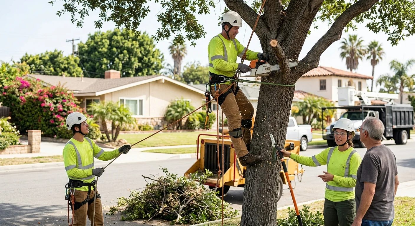 Crane lifting a large tree section during removal at an Oxnard property