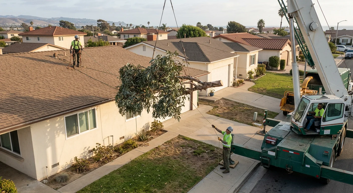 Crane lowering a large eucalyptus section over an Oxnard rooftop
