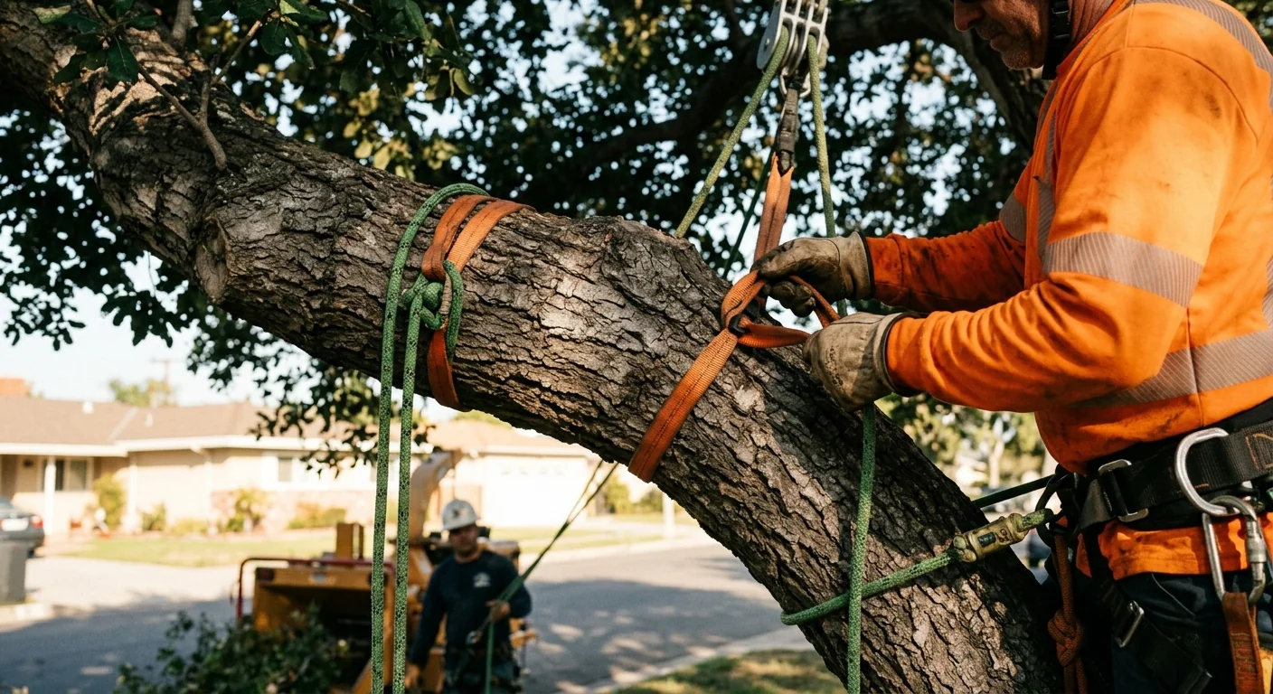 Close-up of rigging chokers attached to a heavy tree limb