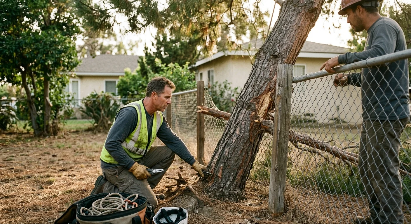 Storm-damaged pine leaning toward a fence before careful removal