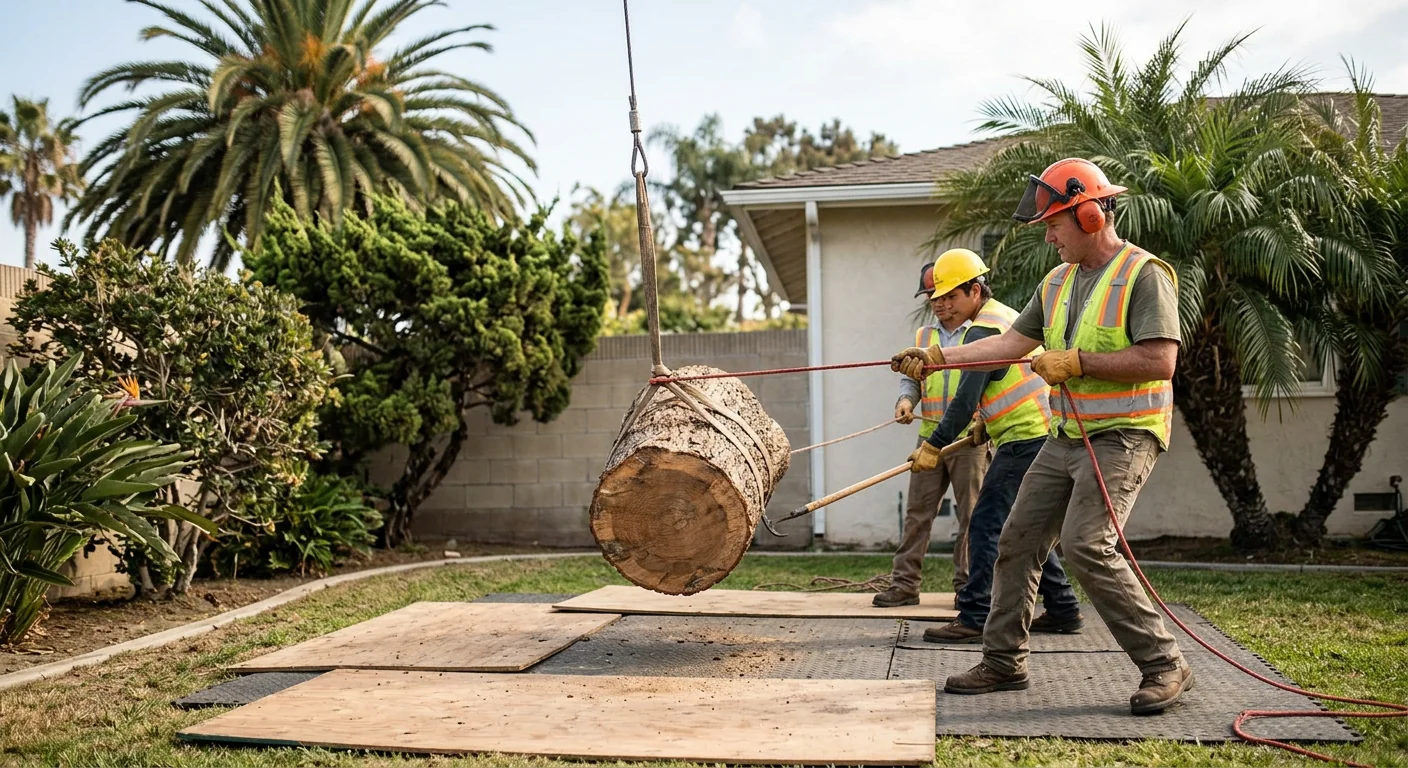 Ground crew guiding a suspended log into the drop zone