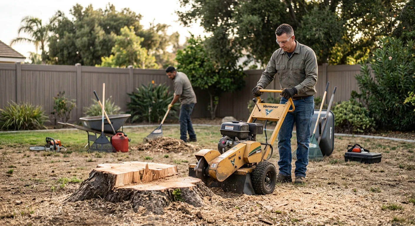 Cleared backyard with fresh stump ready for grinding and cleanup