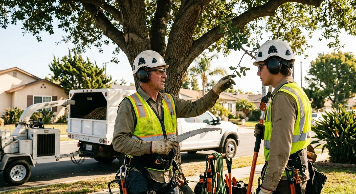 Tree crew coordinating a crane lift and rigging on an Oxnard property