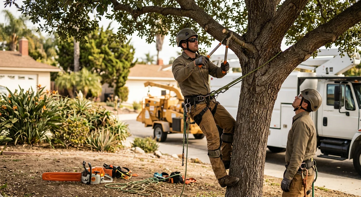 Arborist assessing a storm-damaged tree near an Oxnard home before removal
