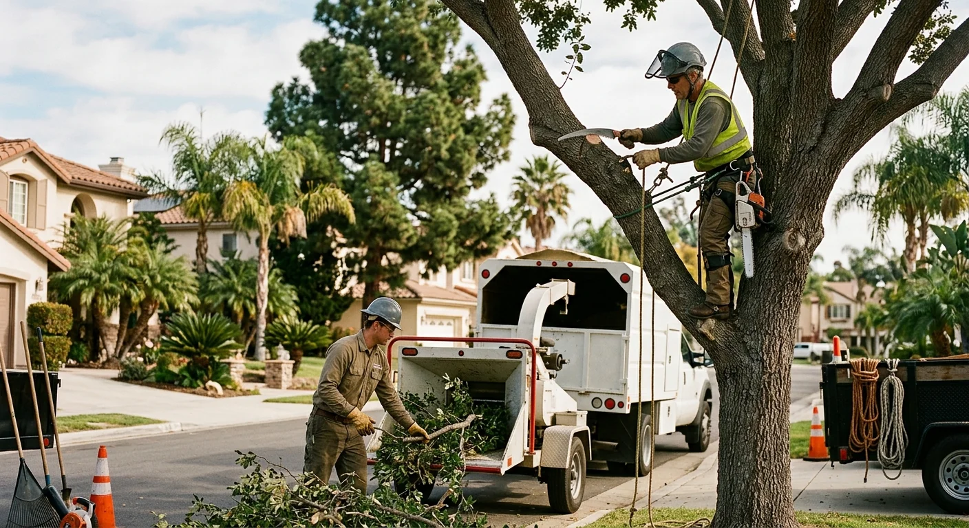 Tree crew clearing a storm-damaged limb from an Oxnard residential yard