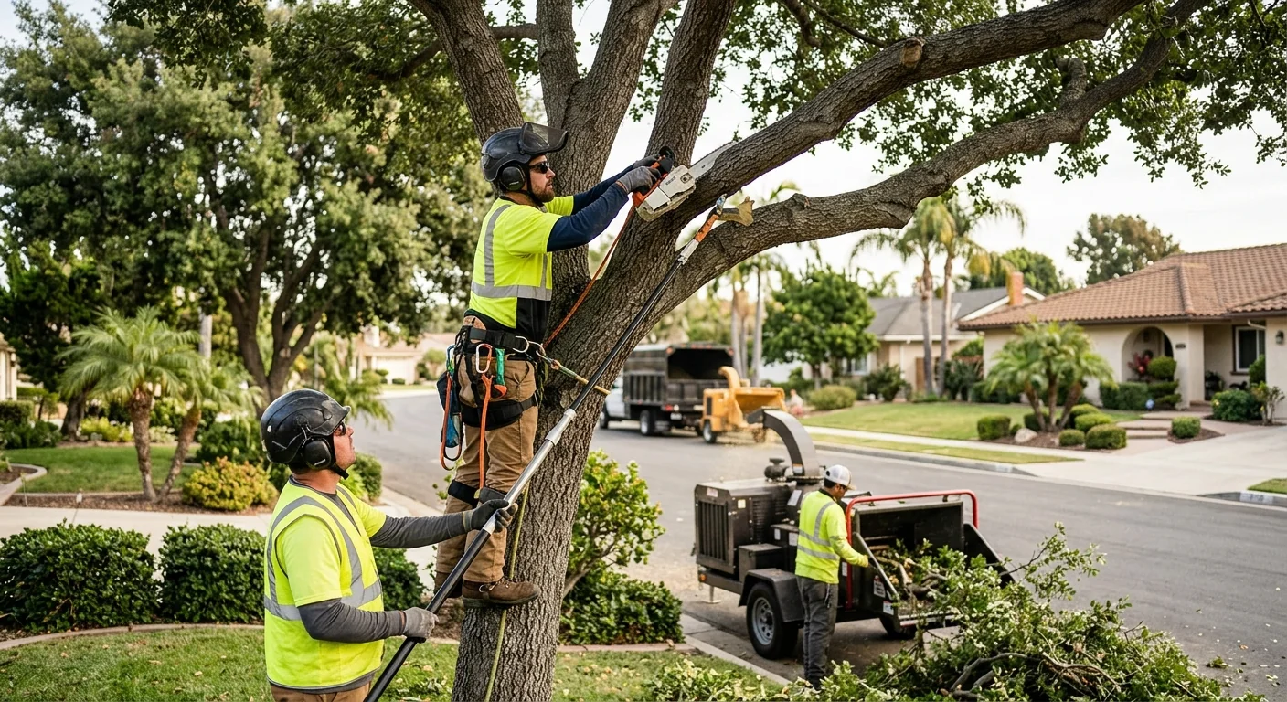 Arborist clearing a fallen storm-damaged tree from an Oxnard residential yard