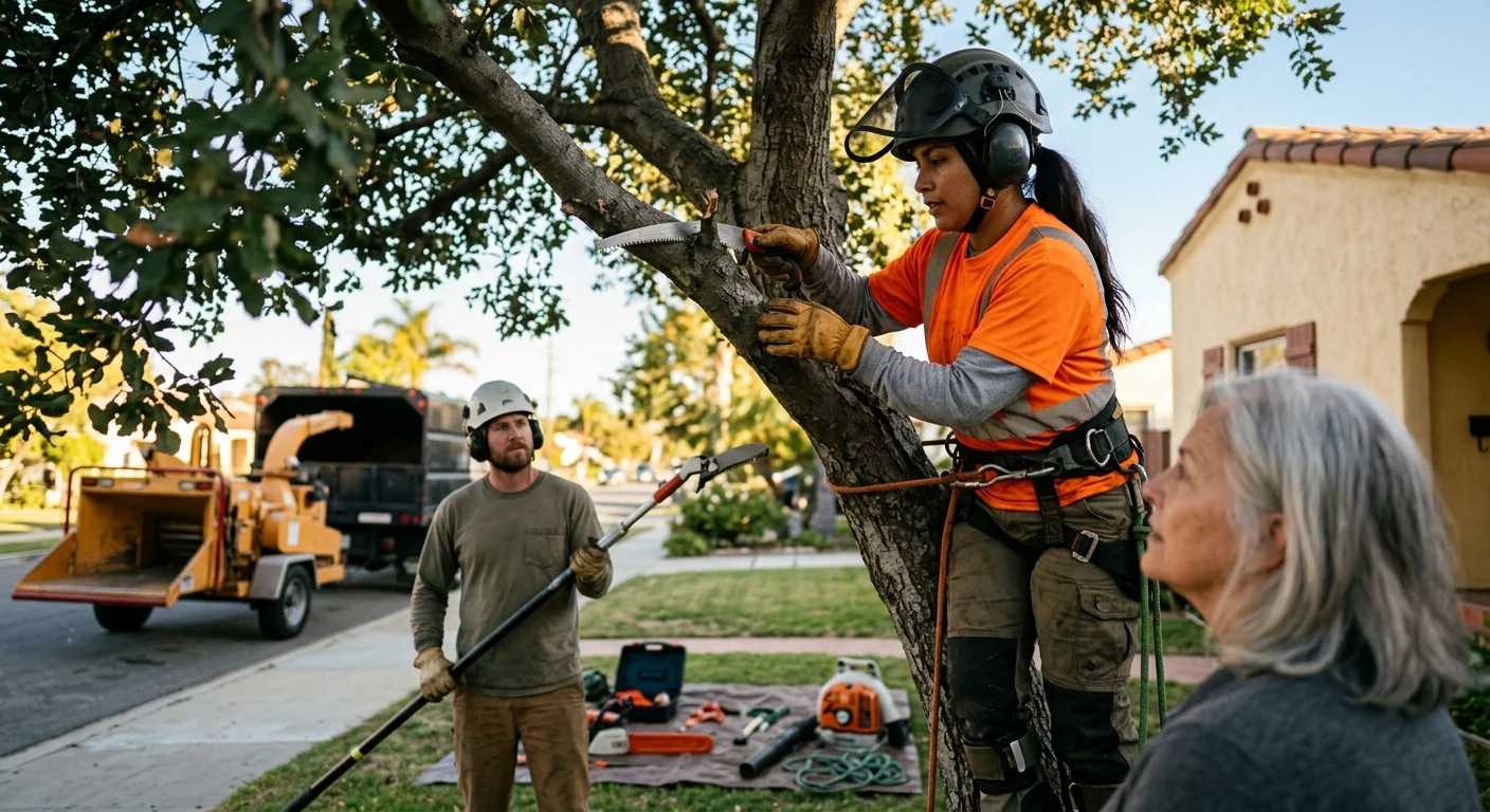 Arborist clearing a storm-damaged tree from a residential yard in Oxnard