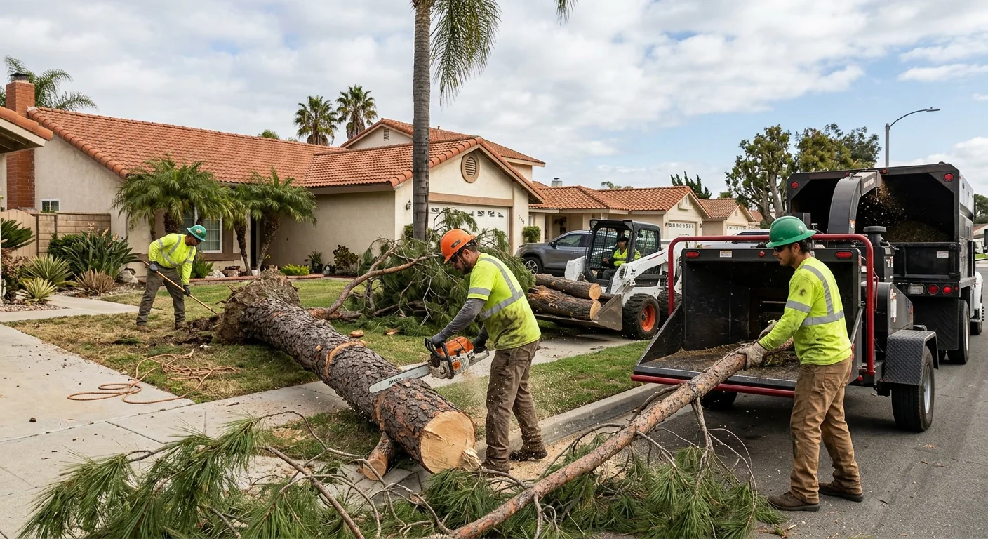 Wide shot of crew removing a wind-toppled pine from an Oxnard front yard