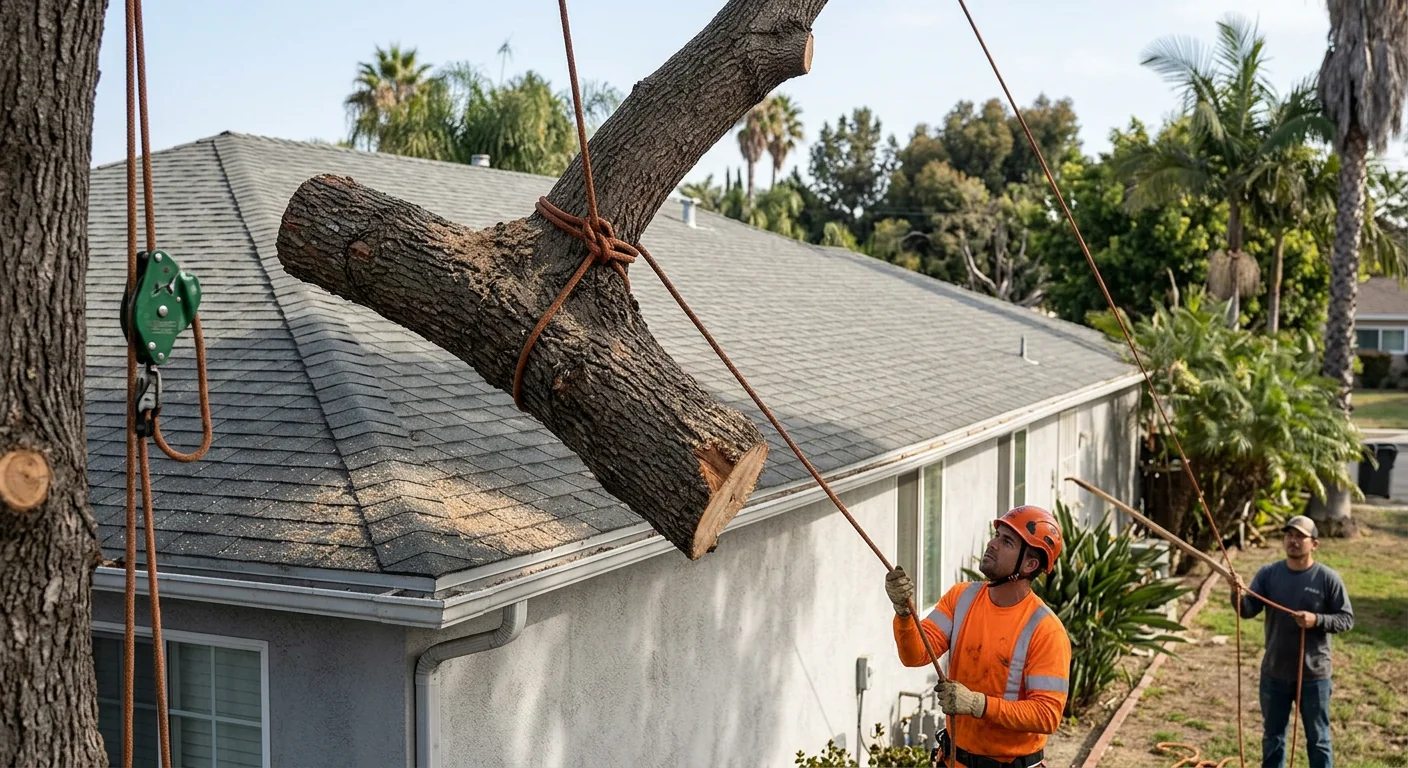 Close-up of rigging rope lowering a heavy limb away from a home roof