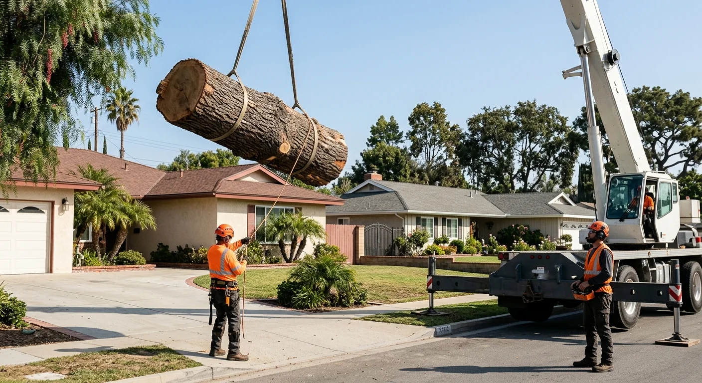 Crane lifting a large trunk section over a residential Oxnard property