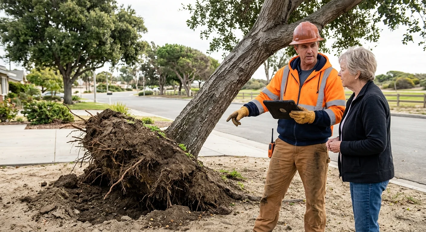 Before context of a leaning tree with lifted root plate after coastal storm