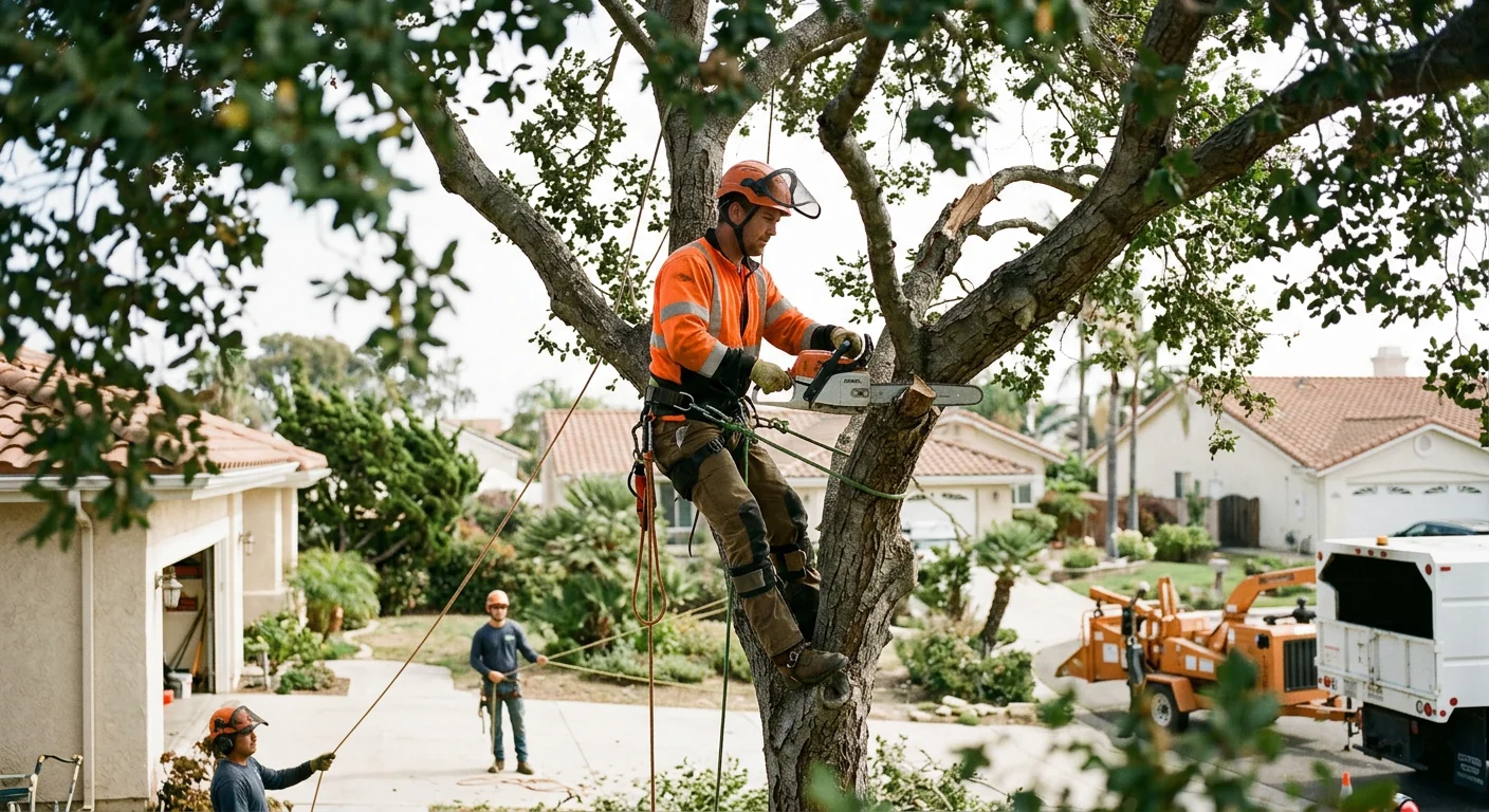 Arborist performing sectional cuts with a chainsaw high in a damaged tree