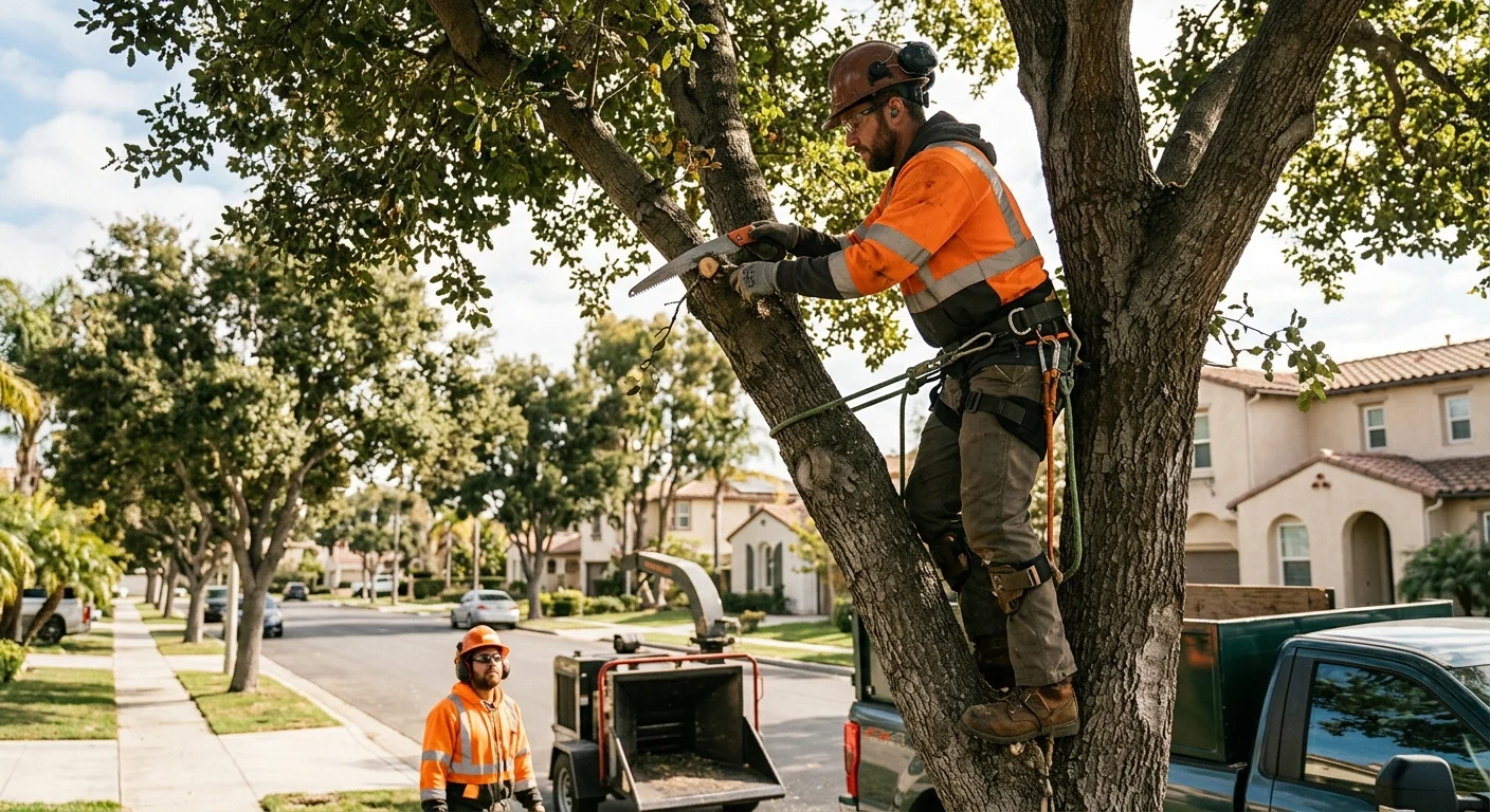 Family tree service crew reviewing a completed emergency removal with an Oxnard homeowner