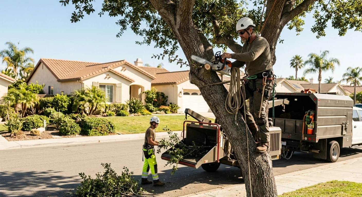 Arborist evaluating a leaning hazardous tree near an Oxnard home before removal