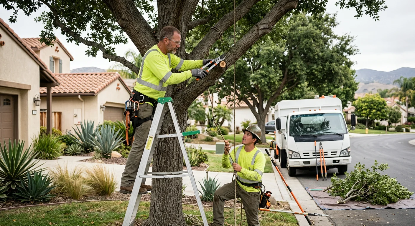 Tree crew safely removing a hazardous leaning tree from an Oxnard property