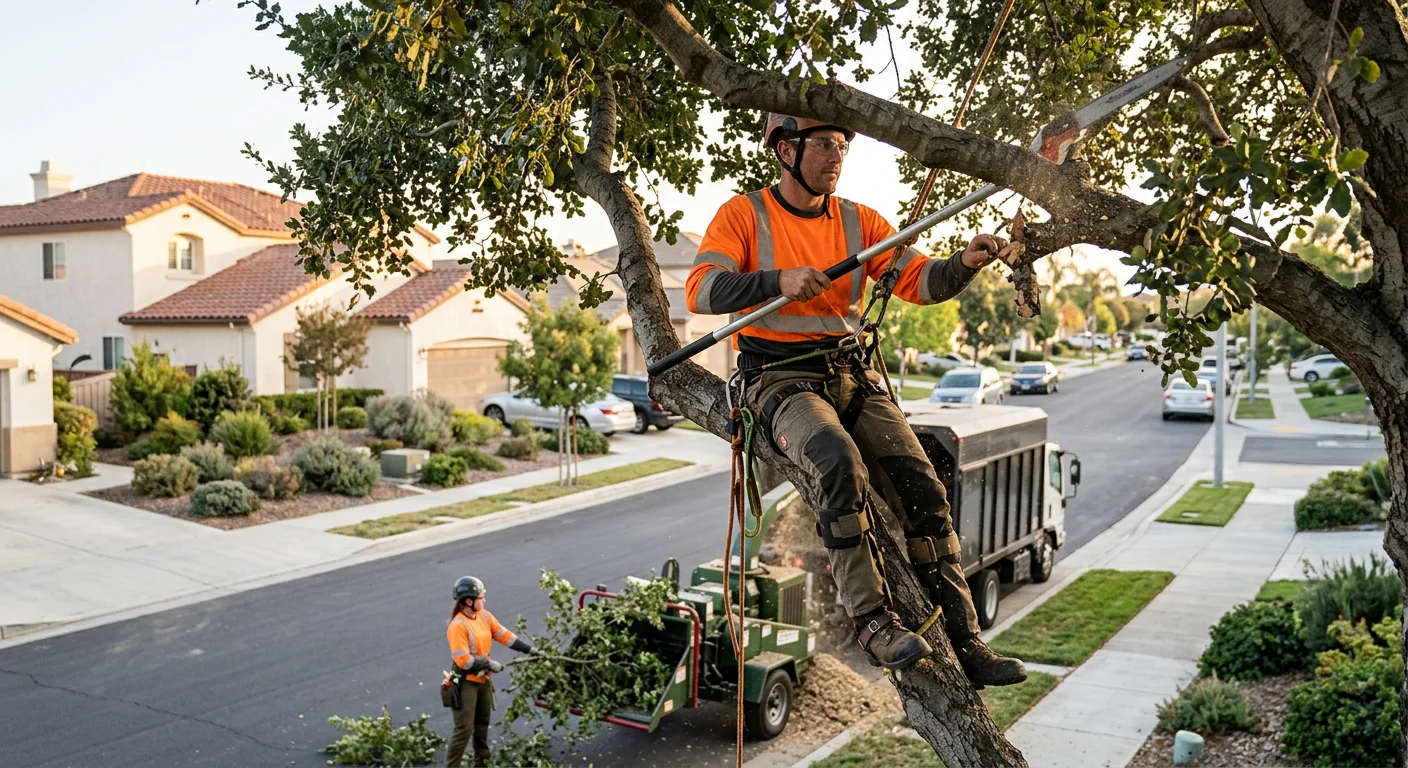 Arborist assessing a leaning hazardous tree near a home in Oxnard