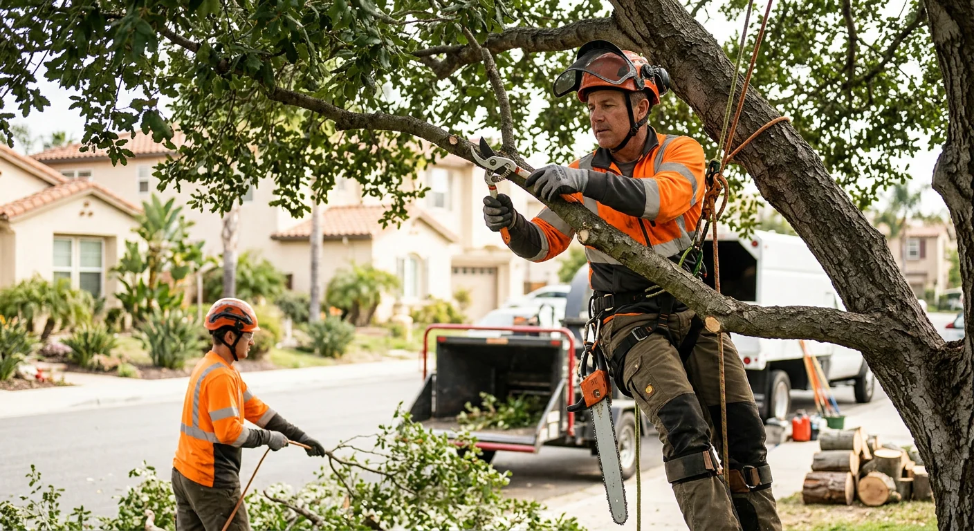 Arborist sectioning a leaning hazardous tree over a residential yard in Oxnard