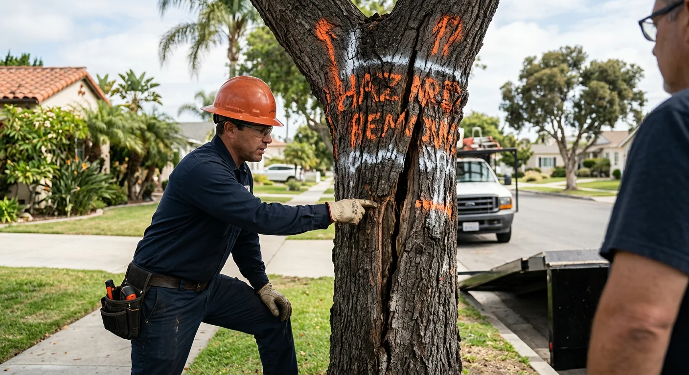 Close-up of a cracked trunk union on a hazardous tree marked for removal in Oxnard