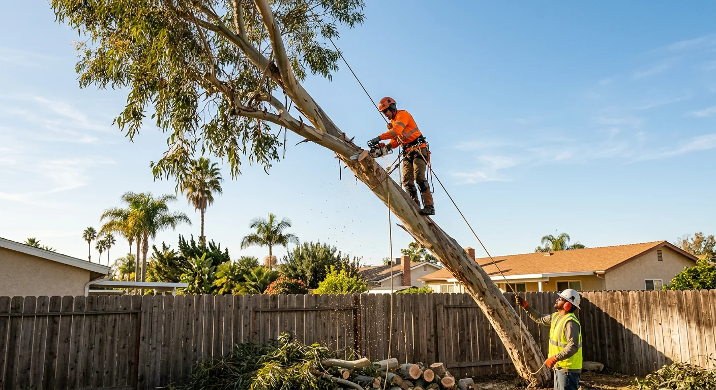 Wide shot of a leaning eucalyptus being sectionally dismantled near an Oxnard backyard fence