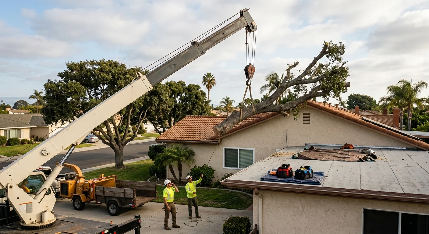 Crane lifting a heavy tree leader away from a residential rooftop in Oxnard