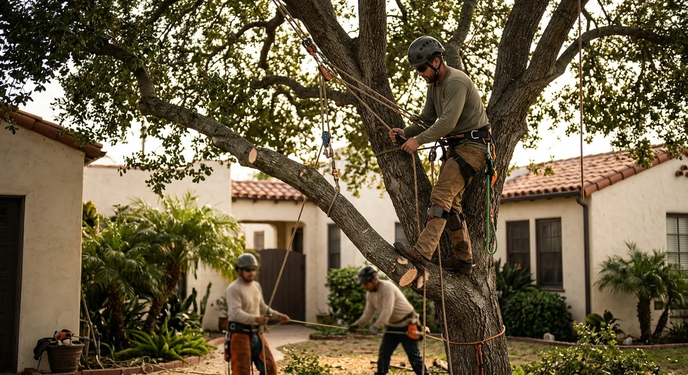 Arborist using rigging ropes to lower a large limb on a tight Oxnard lot