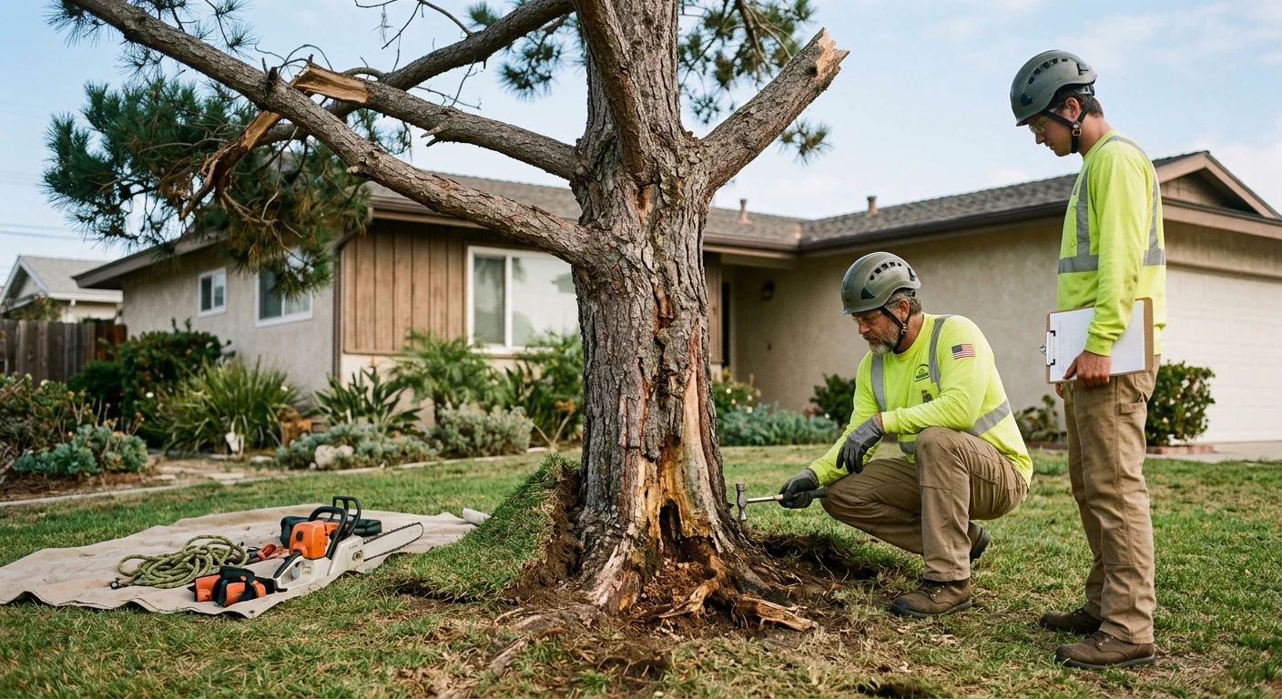 Storm-damaged pine before removal showing root decay in an Oxnard front yard
