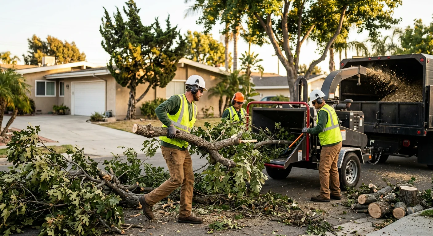 Crew chipping brush and hauling limbs after a hazardous tree takedown in Oxnard