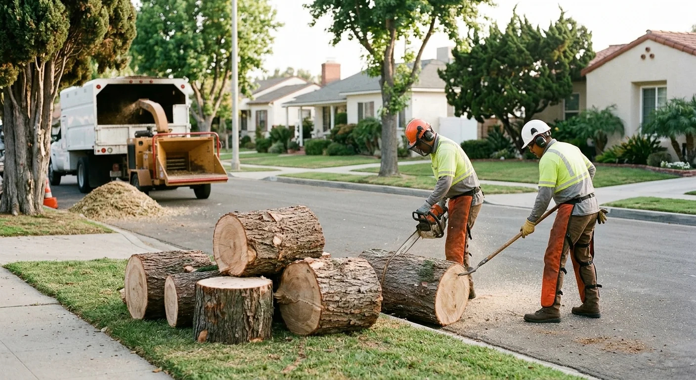 Ground-level view of freshly cut trunk sections staged for removal in an Oxnard neighborhood