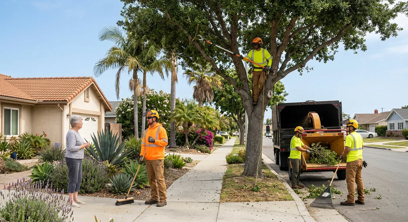 Tree service crew reviewing a hazardous tree removal plan with an Oxnard homeowner