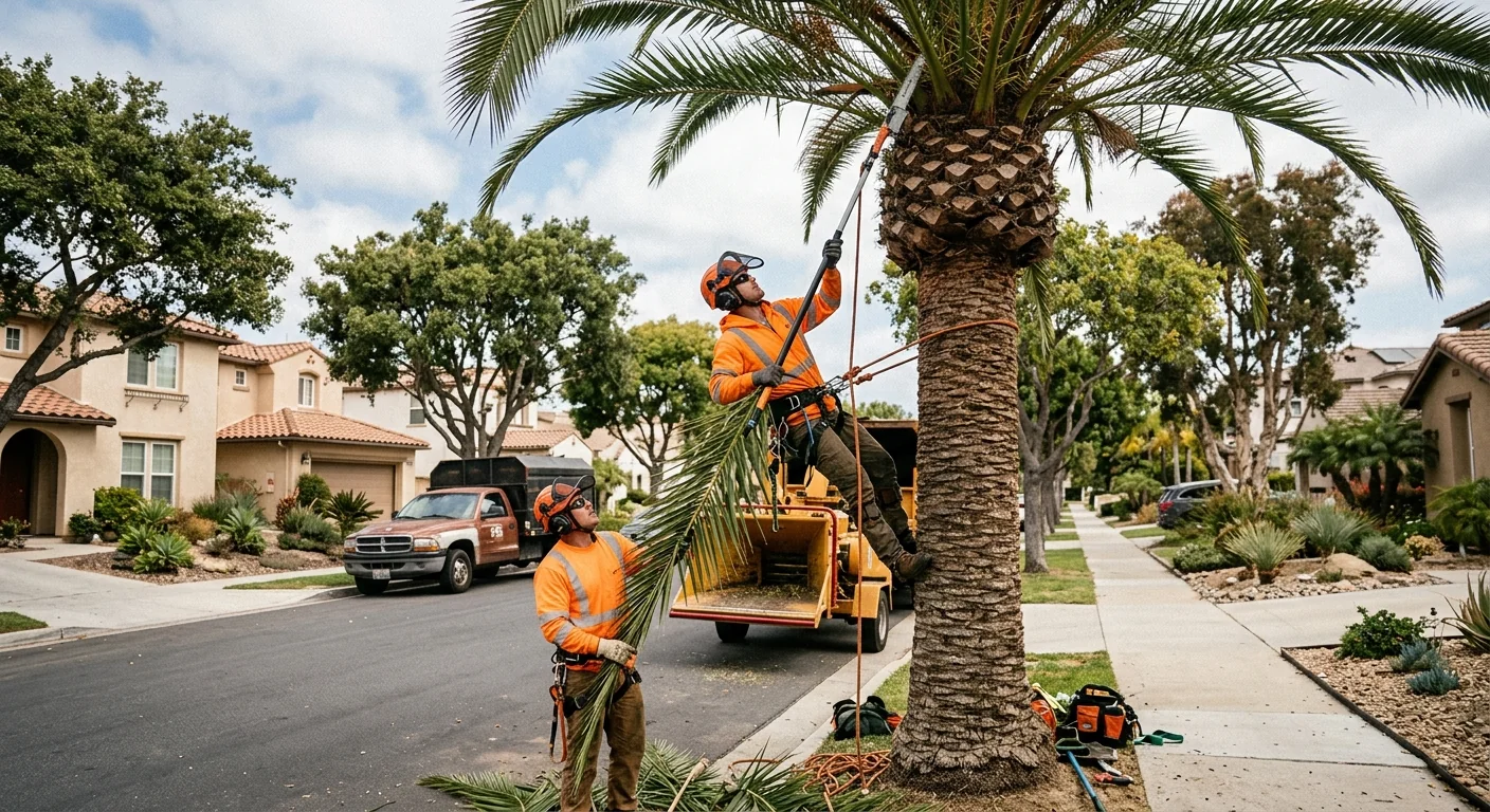 Crew clearing brush and small trees from a residential lot in Oxnard