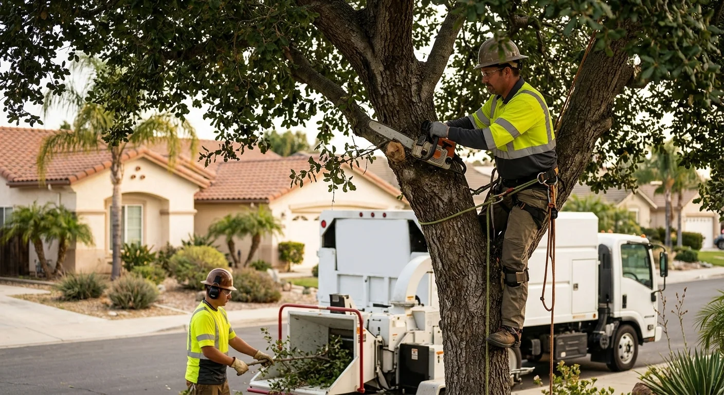 Crew clearing brush and small trees from an overgrown lot in Oxnard