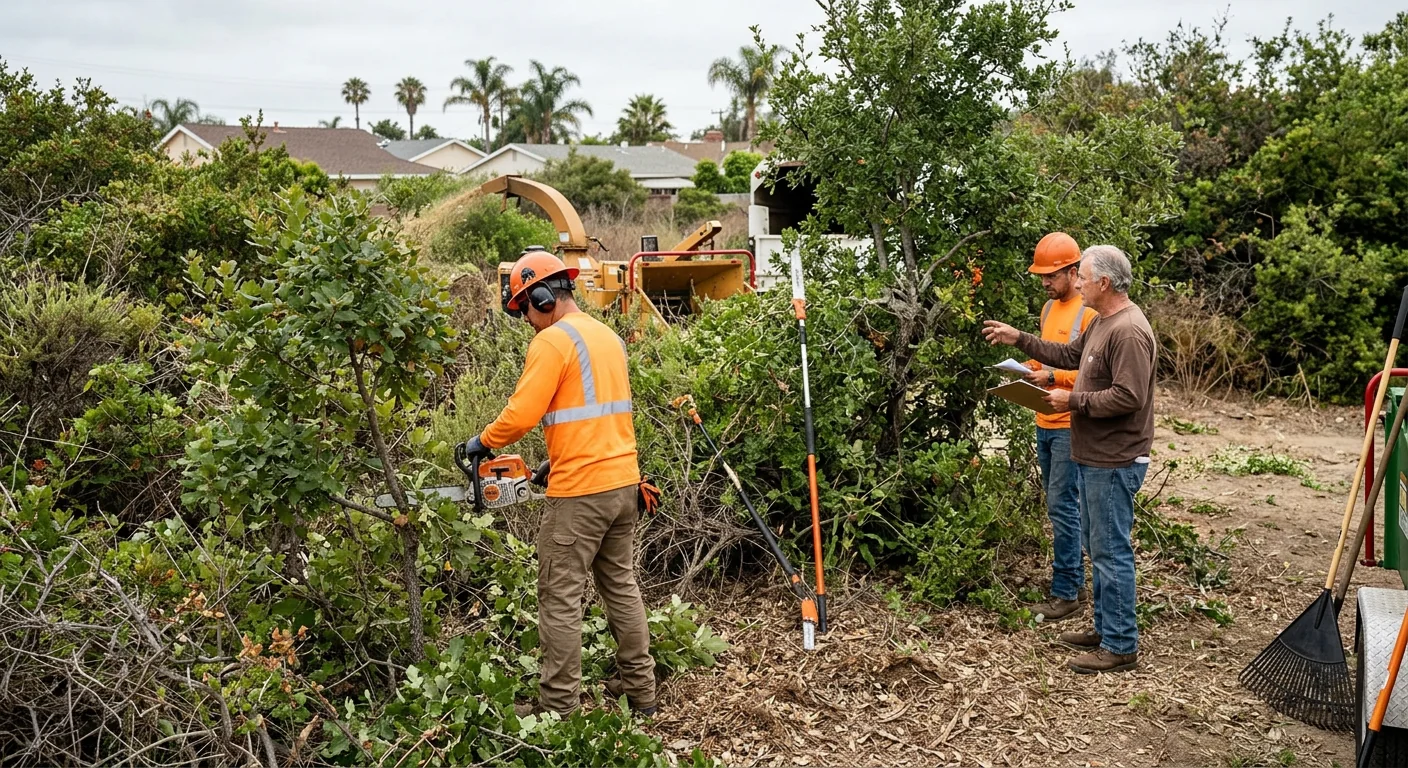 Wide shot of an overgrown Oxnard lot before land clearing with dense brush and small trees