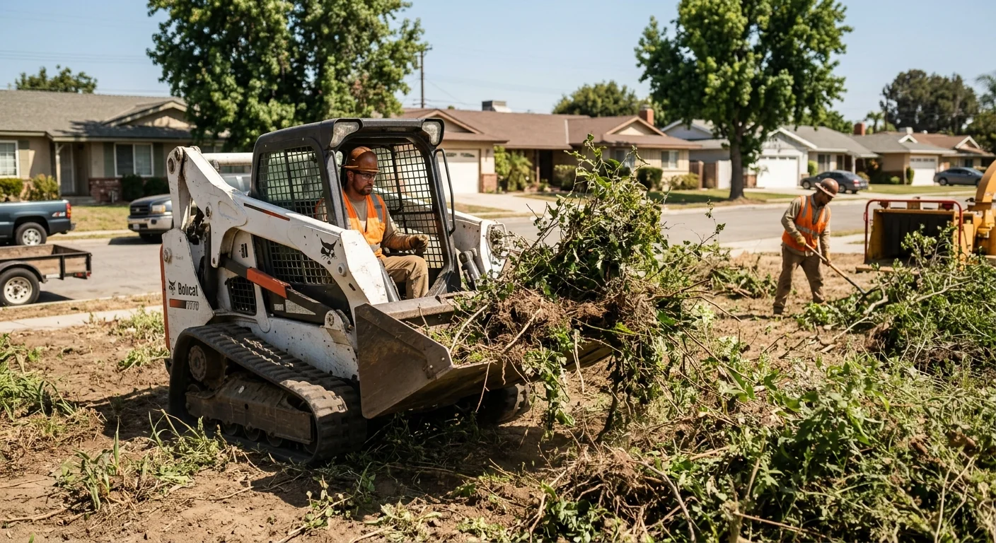 Skid steer clearing thick vegetation from a residential lot on a sunny Oxnard afternoon
