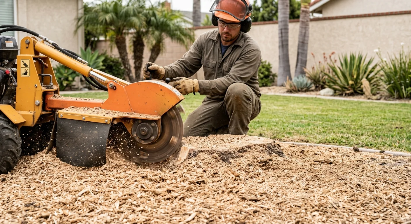 Close-up of stump grinding leaving fine wood mulch across freshly cleared ground