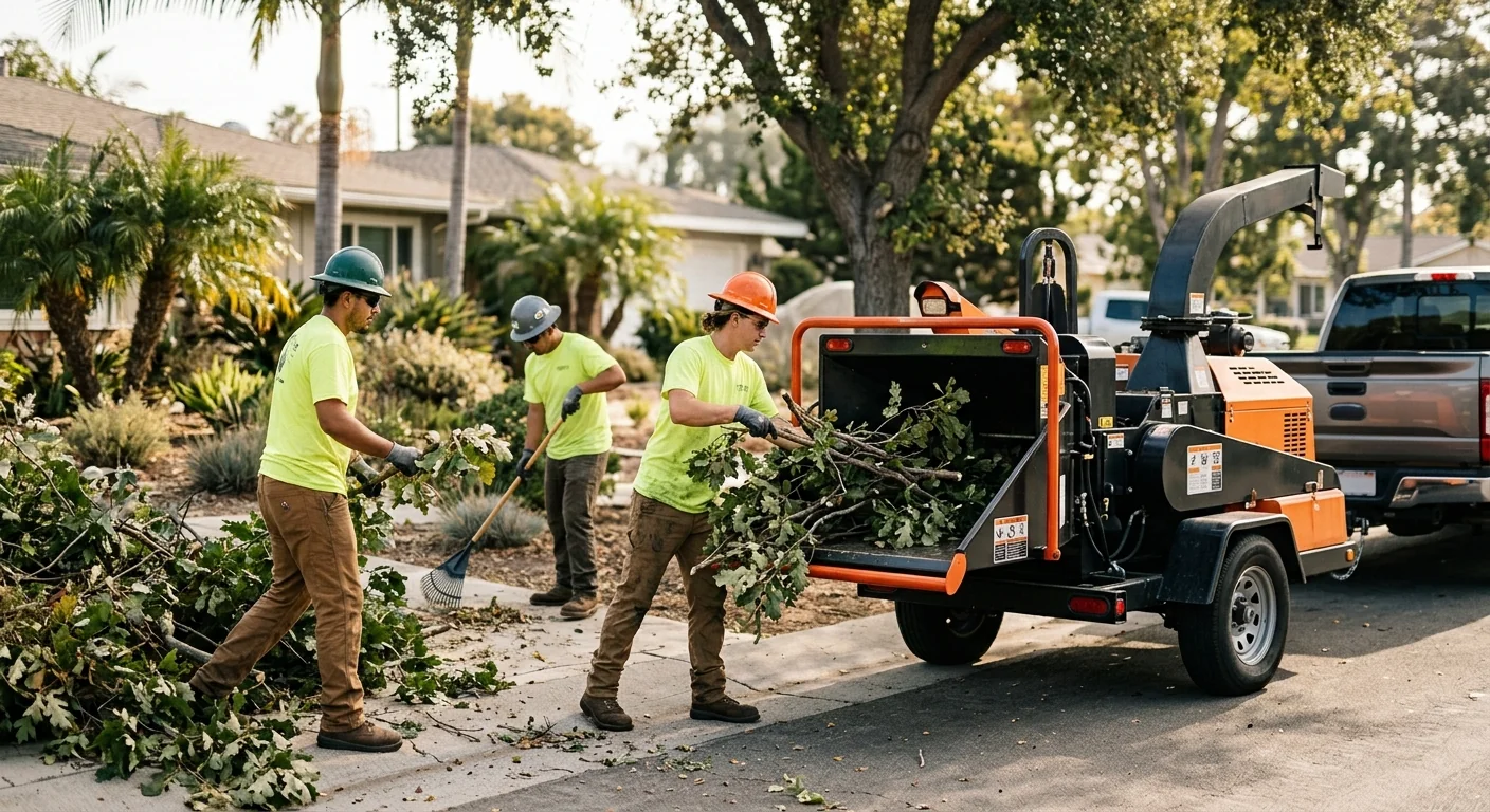 Crew feeding cut branches into a chipper during brush removal on an Oxnard property