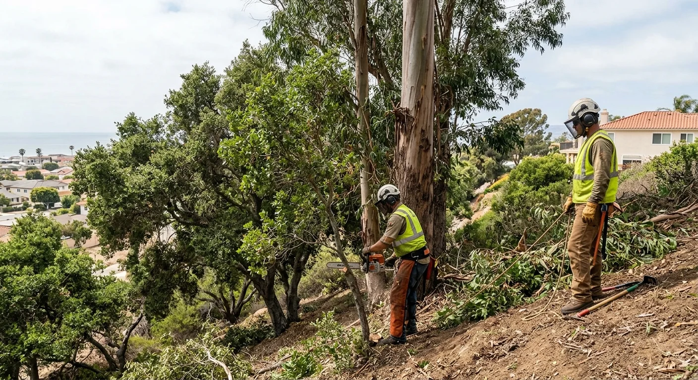 Selective tree thinning that preserves mature shade trees along a coastal Oxnard slope