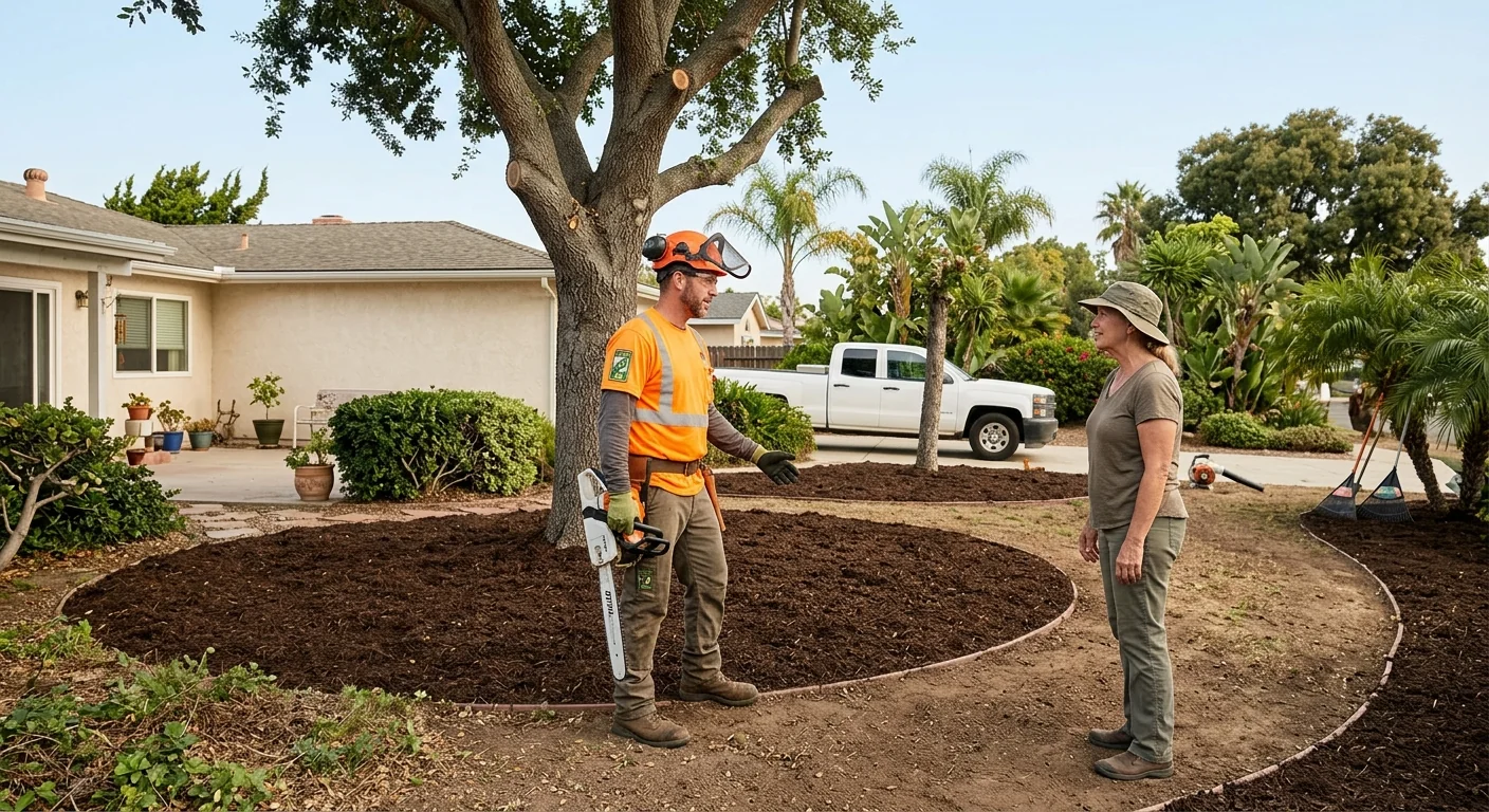 Neatly cleared backyard with mulch beds and trimmed trees after land clearing work