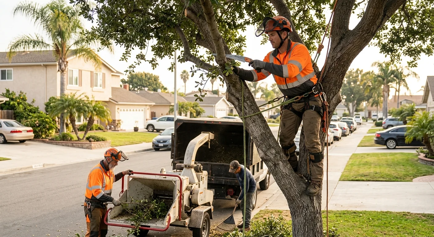 Arborist reviewing storm-damaged tree limbs and debris on an Oxnard residential property