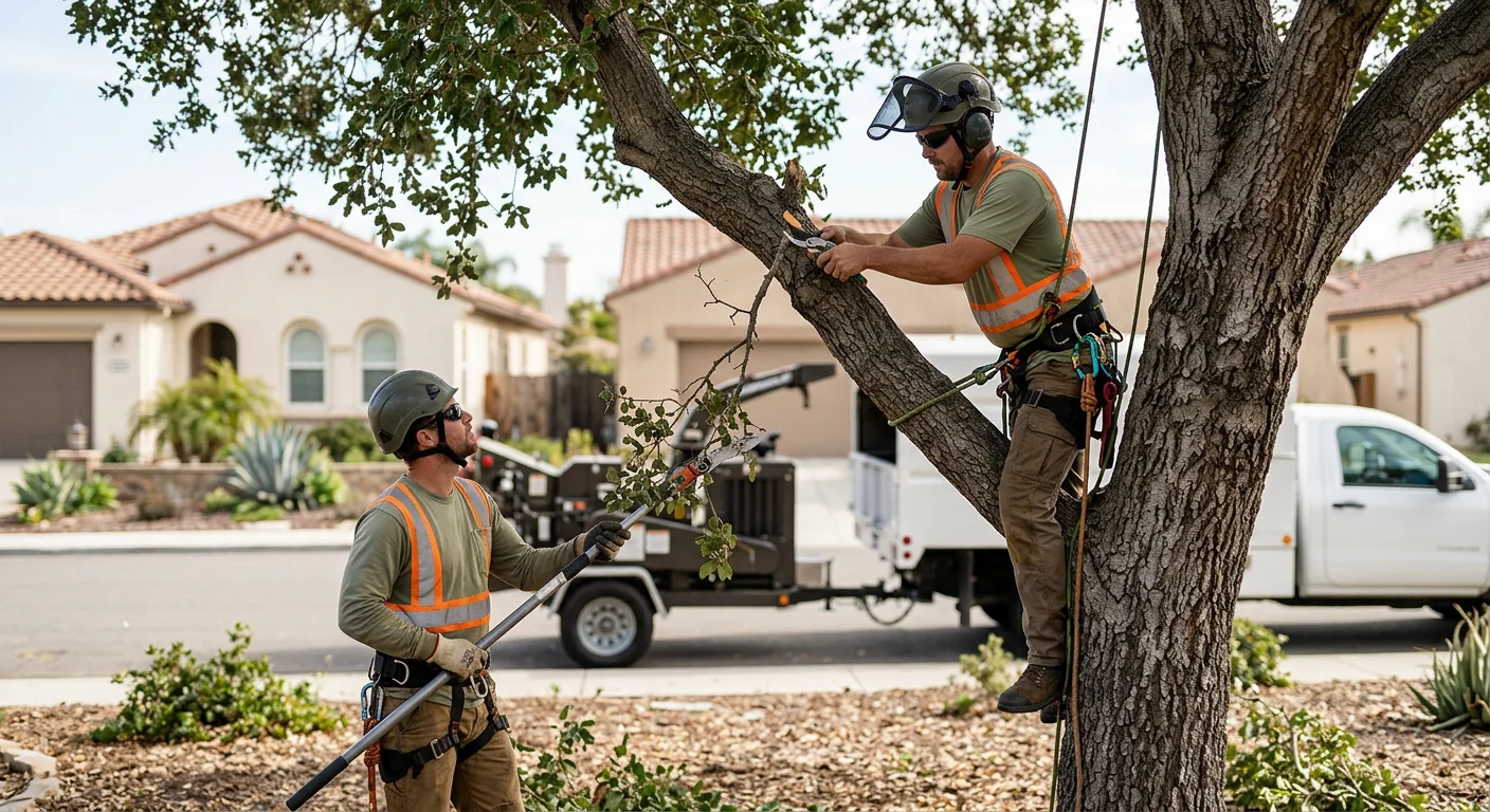 Storm cleanup crew clearing fallen tree limbs from an Oxnard residential yard