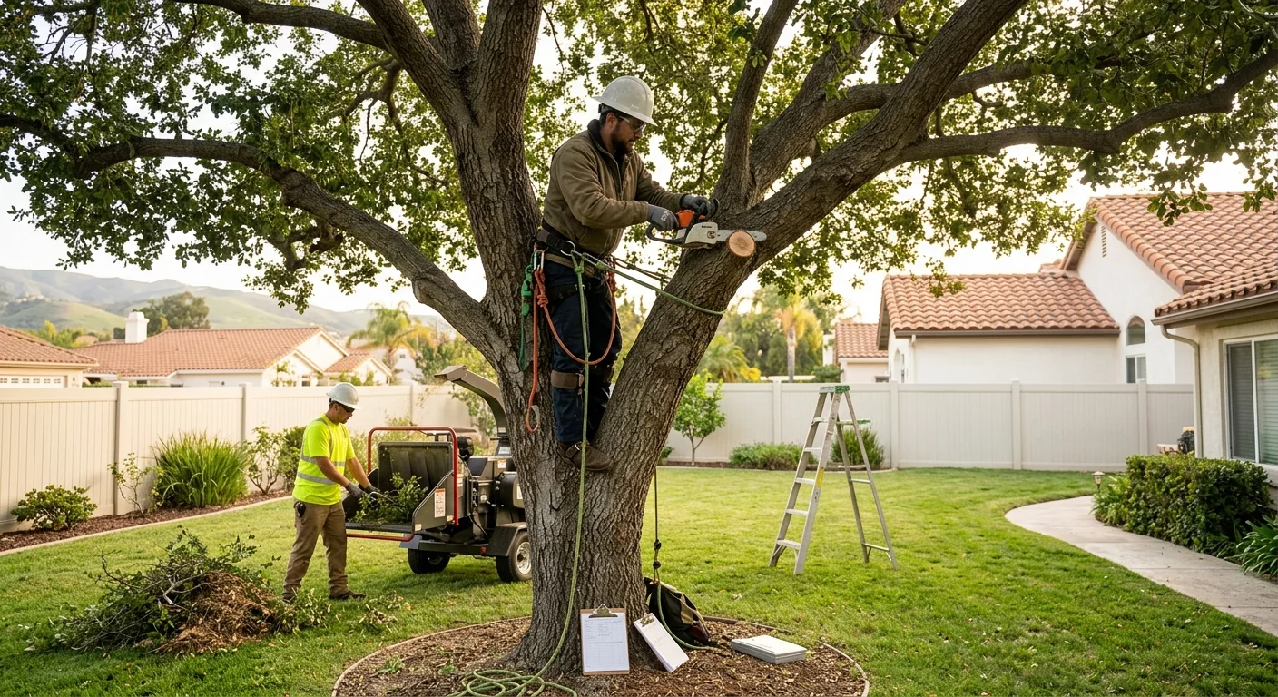 Crew clearing storm-damaged branches from a residential yard after high winds
